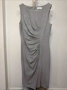 Calvin Klein Light Gray Sleeveless Ruched Midi Sheath Dress